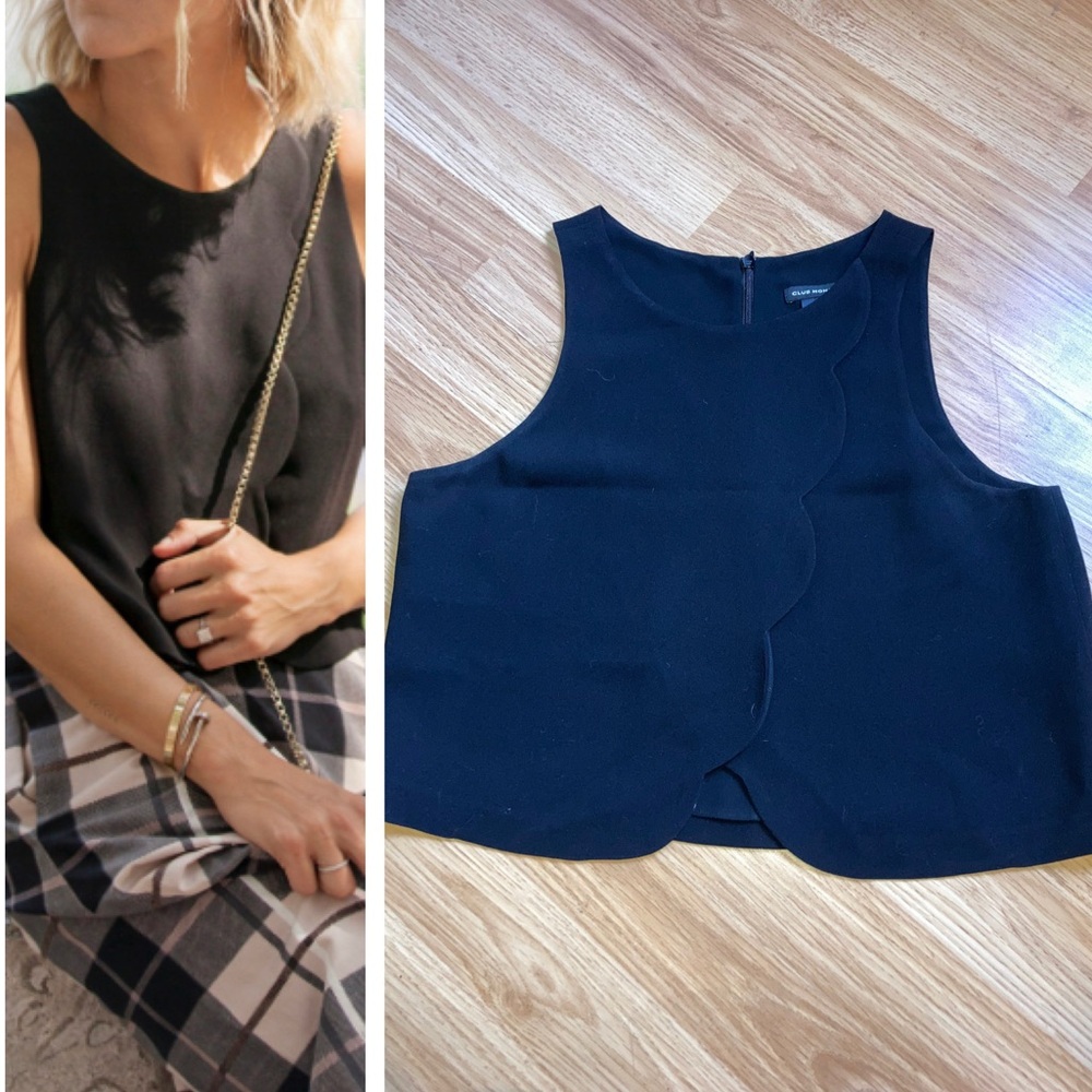Club Monaco Genero Sleeveless Scallop Detail Crop Blouse Top Black sz 0